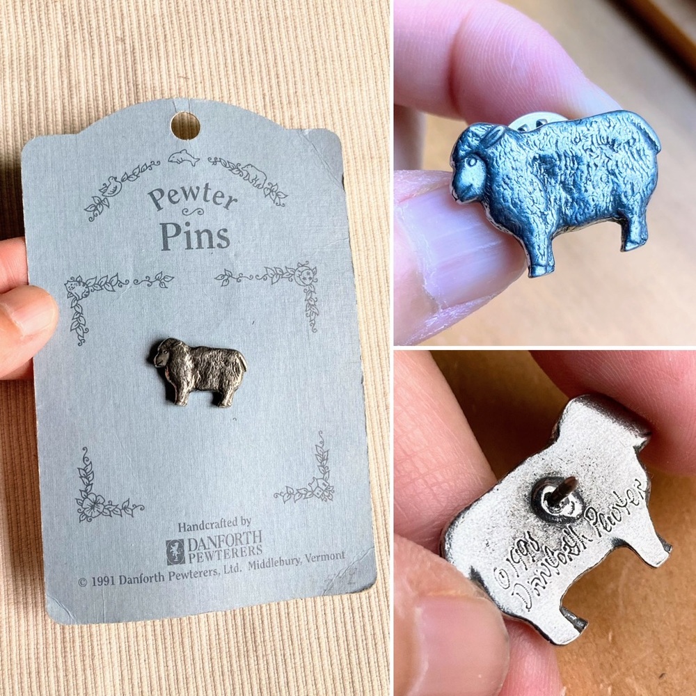 NWT Vintage 90s Danforth Pewter Sheep Brooch Pin with Original Backing Card